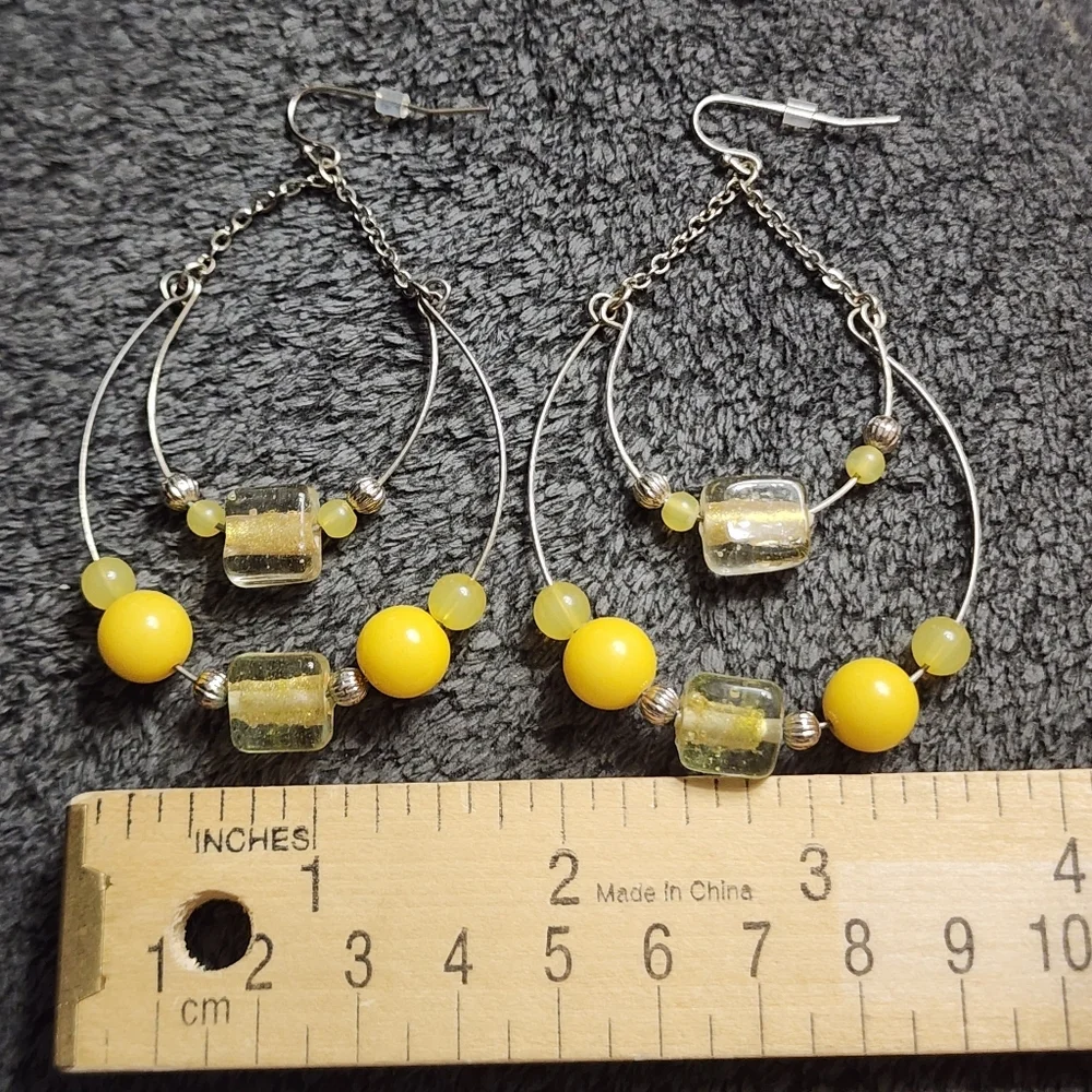 Silvertone Yellow Beaded Hoop Earrings